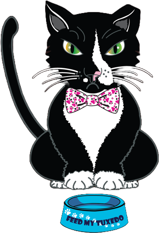 Willy the tuxedo cat mascot of Toto’s Vintage Watches with his bowl